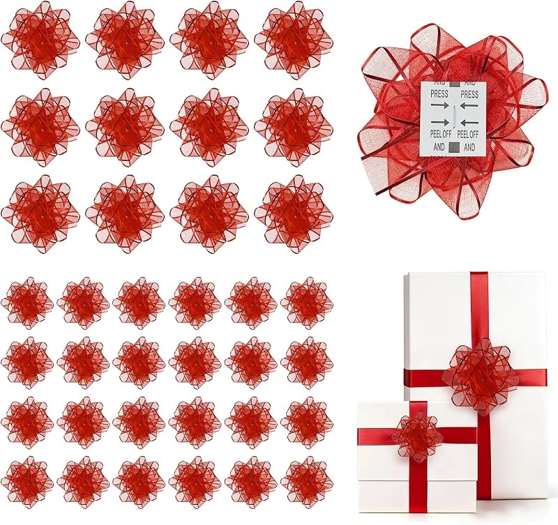 Yimomoyi 36 Lazos Decorativos Autoadhesivos, Lazo Regalo Rojo, 12Grandes+24Pequeños — Envoltorio regalo