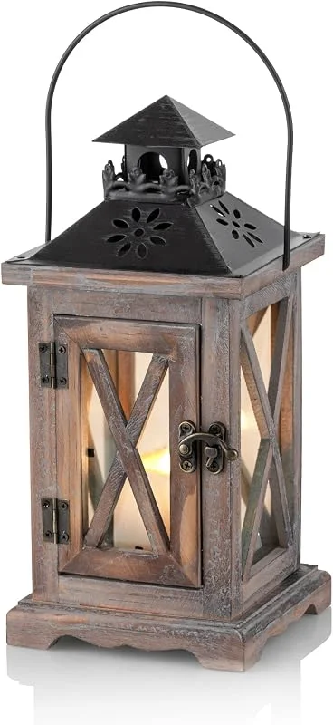 Romadedi Farol de madera, portavelas para jardín, rústico, con metal y cristal, para velas, vintage, boda, fiesta, Navidad, decoración de mesa interior y exterior, 28 cm — Adviento y mesa