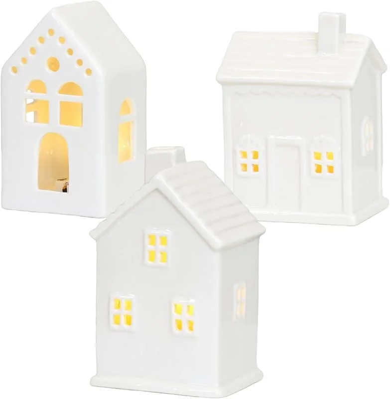 Hbbgdiy Christmas Village Houses - Juego de 3 Piezas de cerámica con iluminación para Centro de Mesa navideña, decoración del hogar y coleccionables de Navidad — Decoracion Navidad