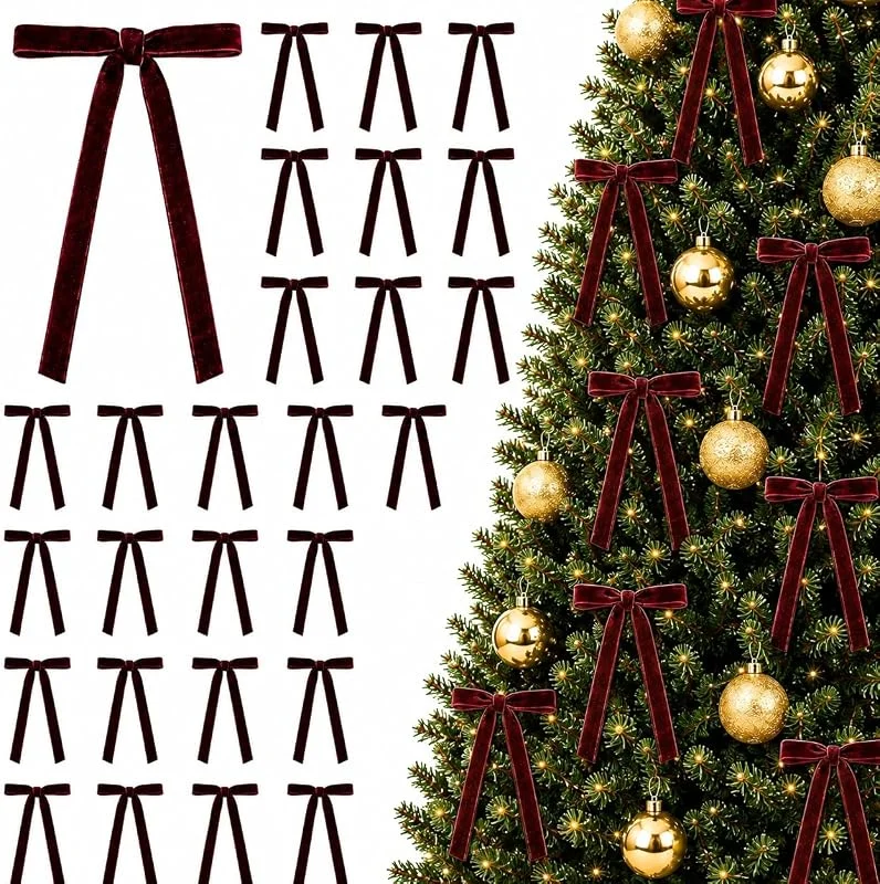 Yutissi 30 Pcs Lazos Terciopelo Arbol Navidad Decorativos 13x18CM，Rojo Vino — Envoltorio regalo