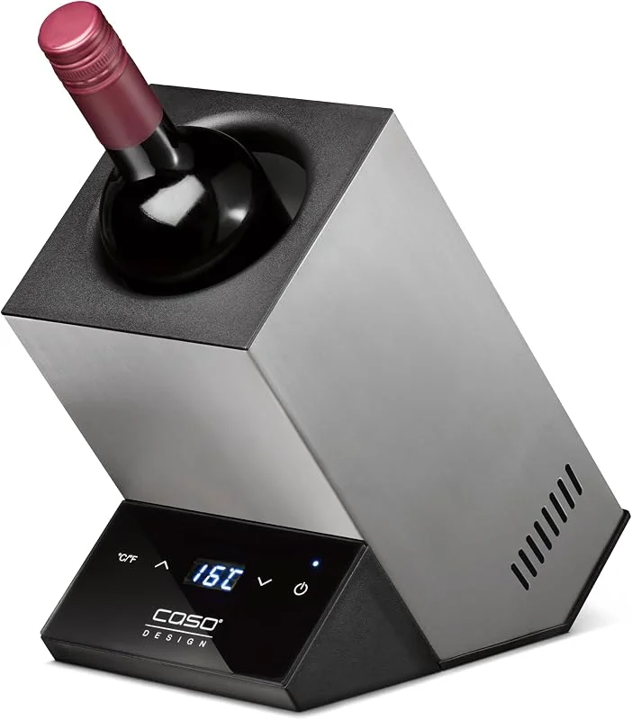 Visita la tienda de Caso CASO WineCase One Inox - Enfriador de vino para una botella, rango de temperatura de 5 – 18 °C, para botellas de hasta 9 cm de diámetro, control táctil, carcasa de acero inoxidable, tamaño pequeño — Vino y mesa festiva
