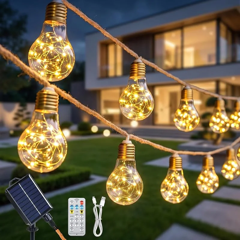 Fohil Guirnaldas Luces Exterior Solar 8M 16 Bombillas Cadena de Luces Solar Impermeable, 8 Modos Vintage Blanco Cálido A60 Bombillas Guirnaldas Solares Exterior Jardín Balcón Boda Fiesta Decoración — Luces Navidad