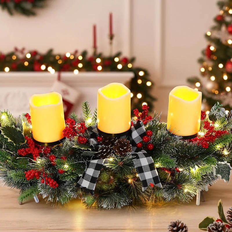Baquler Centro de mesa de Navidad de 23.6 pulgadas con 3 luces LED sin llama, funciona con pilas, candelabro de pascua para decoración de centro de mesa para mesa de cocina (negro y blanco) — Cena a la luz de velas