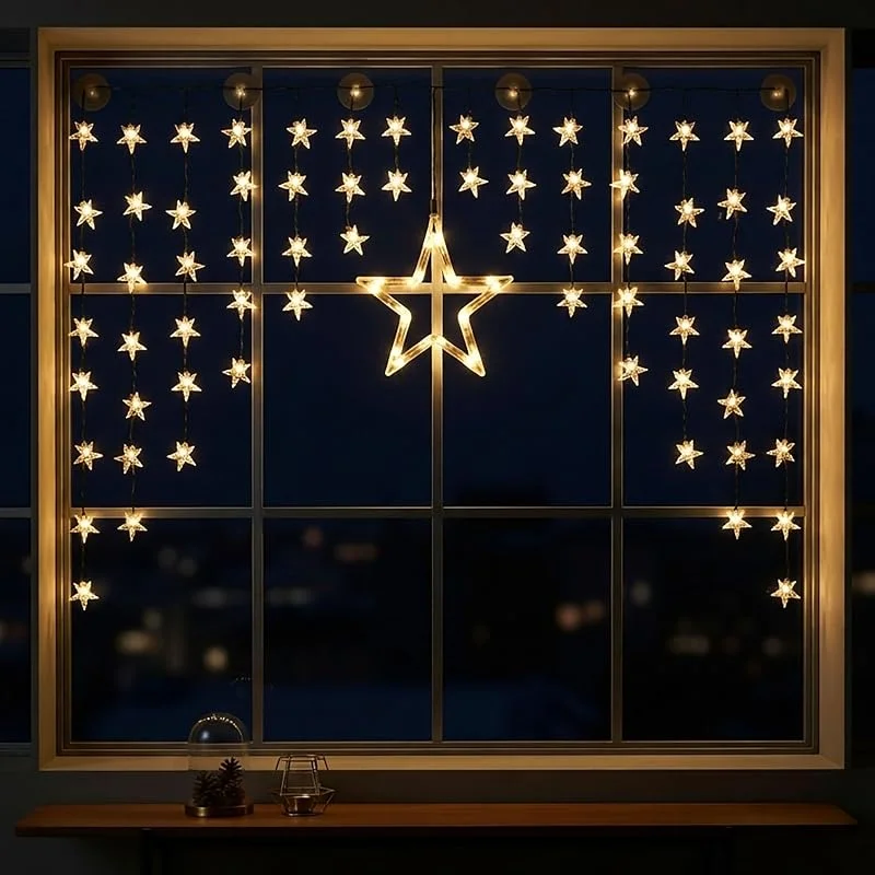 Spetebo Cortina LED de estrellas 140x95 cm - 90 LED luz blanca cálida - Decoración para ventana, cadena de luces, cortina de estrellas — Decoracion Navidad