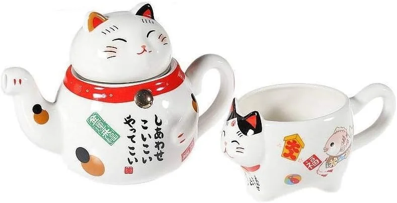 lachineuse gato Maneki Neko - Juego de té japonés con tetera y taza — Adviento y mesa