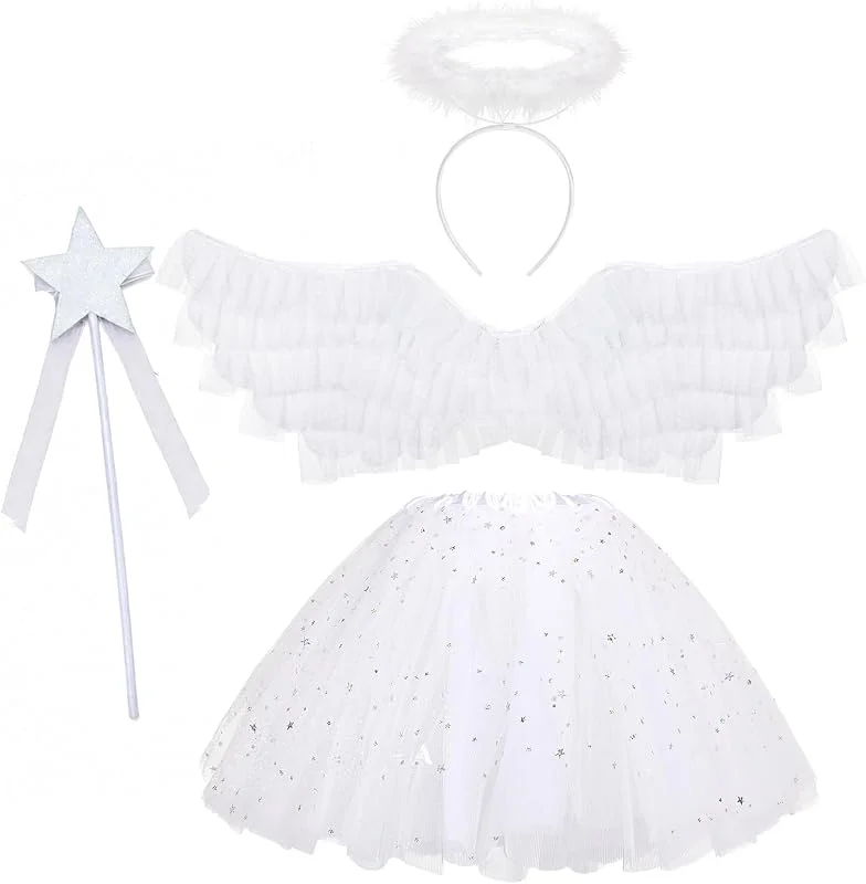 Hifot Disfraces de ángel para niñas, Falda tutú alas de ángel de Plumas Blancas y alas de ángel de Halo, Disfraz de Hada para niños Navidad Halloween Fiestas de Disfraces — Ropa Navidad