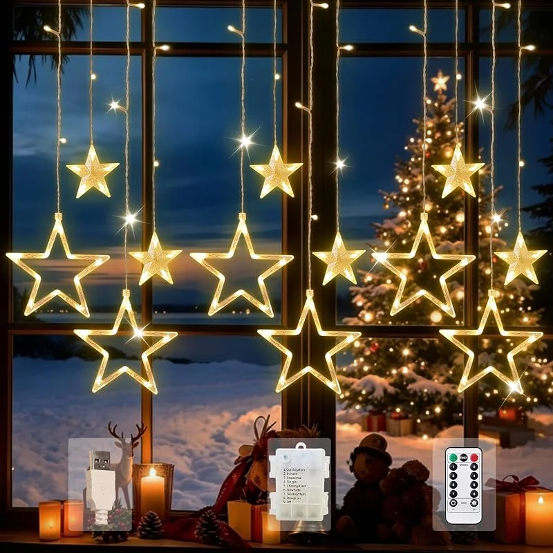 Visita la tienda de OVOISSTIY Cortina de Luces Navidad, 3.5M Guirnaldas Luminosas Estrellas, Luces de Estrellas 8 Modos USB, Batería IP44, Cadena de Luz Interior Exterior, Decoracion Navideñas para Balcón, Ventana — Decoracion Navidad