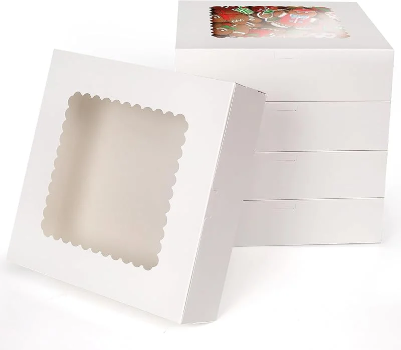 GXFCING 20 Piezas Caja de Reposteria Cartón Blanco, 25, 4 x 25, 4 x 6, 4 cm Caja de Regalo con Ventana para Embalaje de Pastelería, Cupcakes, Tartas, Donuts, Bizcochos, Galletas Navidad — Envoltorio regalo