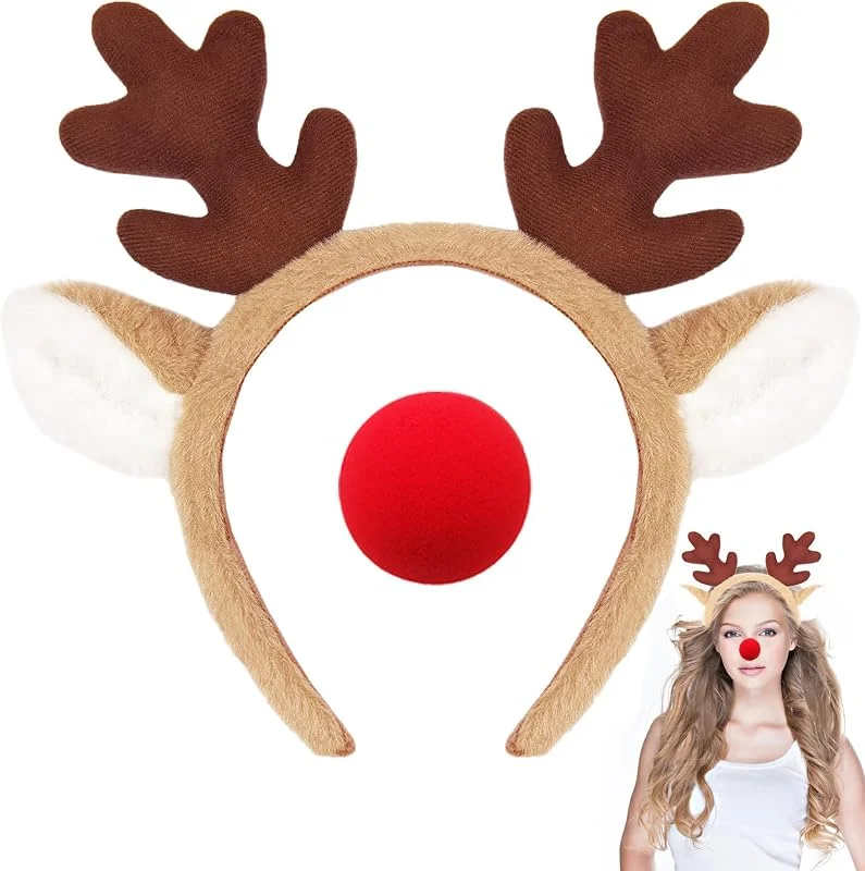 OuryTech Diadema Carnaval, Disfraz de Ciervo Mujer Orejas de Ciervo Diadema Cuernos Reno, Diadema Cuernos de Reno con Nariz Roja para Navidad Fiesta de Carnaval Cosplay — Ropa Navidad
