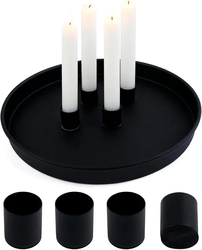 Joxessaien Bandeja magnética para velas, color negro, diámetro de 23 cm, bandeja redonda decorativa de metal con 4 soportes magnéticos para velas de varilla, moderno candelabro para Adviento, Navidad — Adviento y mesa