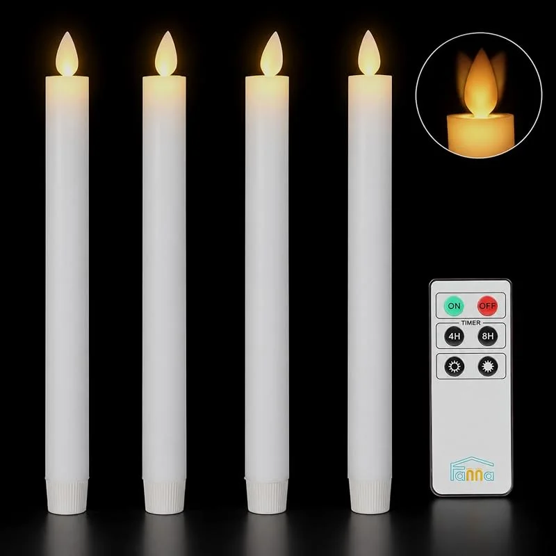 Visita la tienda de Fanna Fanna 4 Led Velas Cónicas blanco, Velas Led efecto llama Parpadeante con mando a distancia y pilas incluidas - Altura 24cm — Cena a la luz de velas
