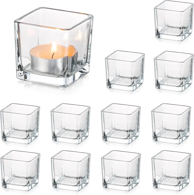 Glasseam Set De 12 Portavelas De Vidrio Transparente, Portavelas Cuadrados PequeñOs Al por Mayor, Portavelas De Navidad para La Mesa del SalóN, Portavelas Modernos para Centros De Mesa De Boda — Cena a la luz de velas