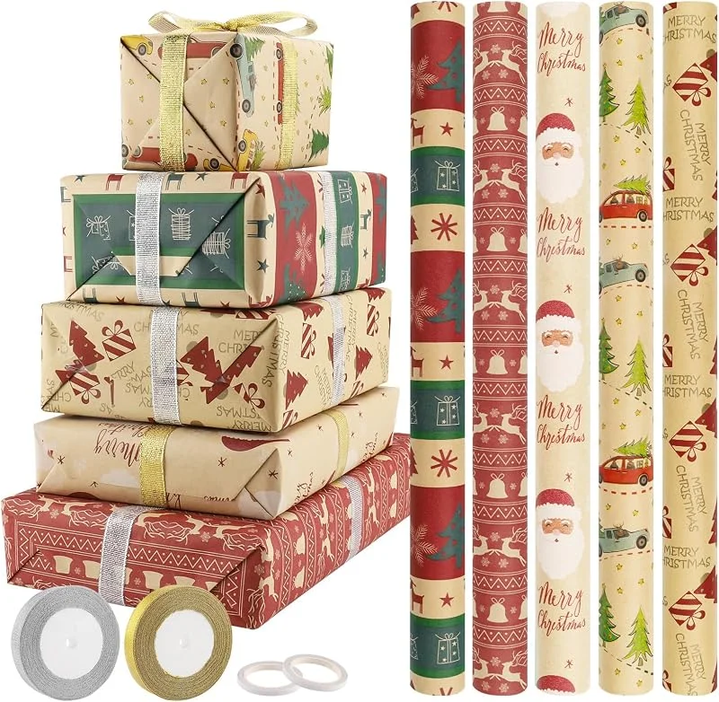 Foydream 5 Rollos Papel Regalo Navidad, 43 cm x 300 cm Kraft Colorido Resistente Reciclado Para Decoración Navideños, Todas Las Fiestas de Aniversario y Navidad — Envoltorio regalo