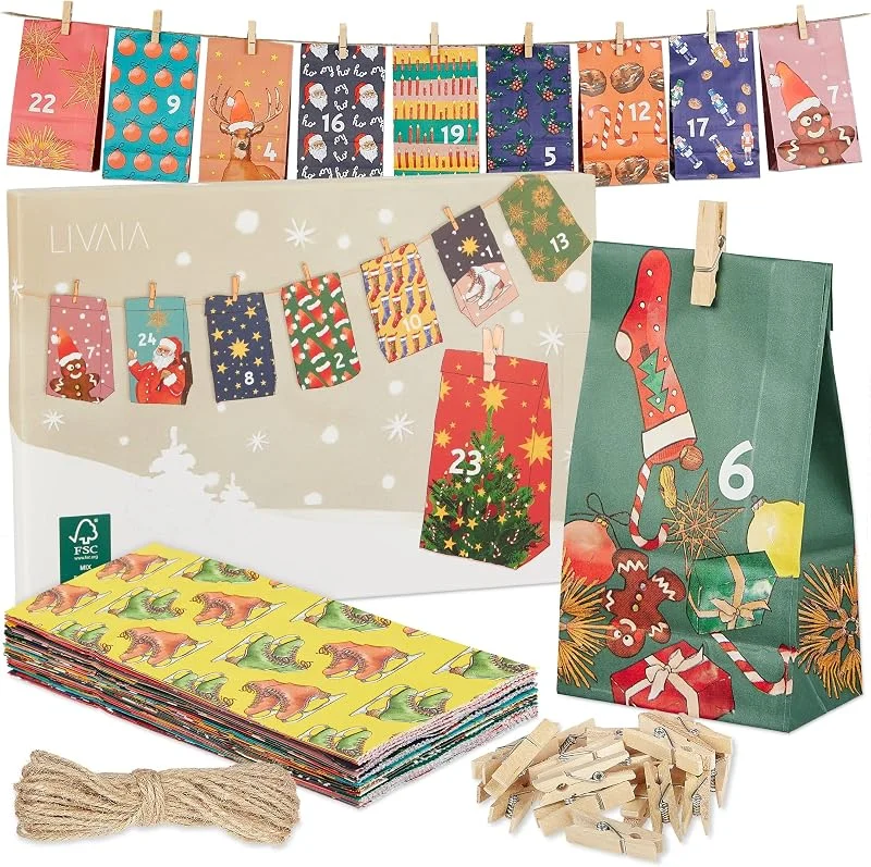 LIVAIA Calendario de Adviento DIY 2025 - Juego de Manualidades con Bolsas de Papel, Colgantes, Pinzas, y Cuerda de Yute - Calendario de Adviento para Rellenar Diseño Navideño - De Color 4 Motivos — Adviento y mesa