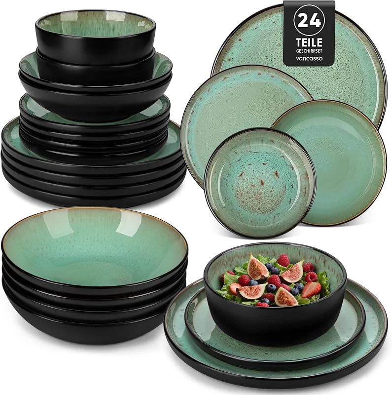 Visita la tienda de vancasso vancasso AMBER Juego de Vajilla Completo para 6 Personas, Plato Vajilla 24 Piezas de Gres - Platos Llanos, Platos de Postre, Ensaladeras y Cuencos - Apto para Lavavajillas, Esmalte Reactivo Verde — Adviento y mesa