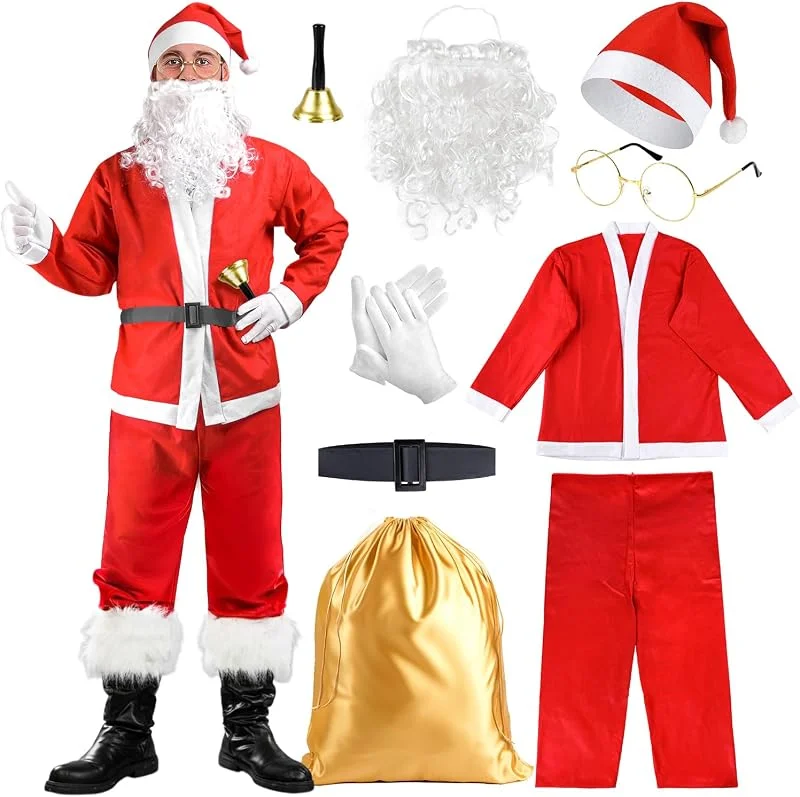 iZoeL Disfraz Papa Noel Hombre Mujer Peluca Sombrero Barba Guantes Bolsa Santa Claus Gafas Accesorios Disfraces Navidad Traje Papa Noel Hombre Mujer (Blanco) — Ropa Navidad