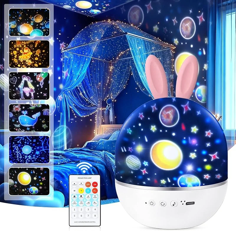 URAQT Lampara Infantil, Proyector de Luz Nocturna, Lindo Juguete Estrella Giratorio con Función de Mando a Distancia y 8 Música, Regalo para Niños y Bebés — Luces Navidad