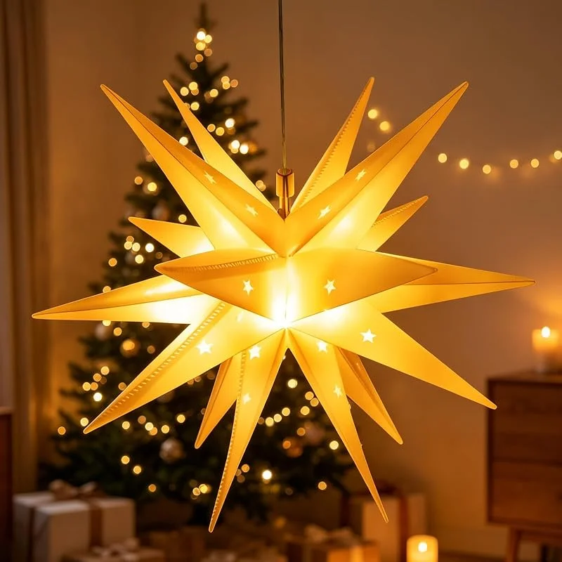 KATELUO 3D Estrella de Navidad LED, 45 CM Estrella Nnavidad Exterior Grande, Estrellas Plegable para Colgar, Estrellas de Navidad Iluminada para Dormitorios, Balcones, Jardines — Decoracion Navidad