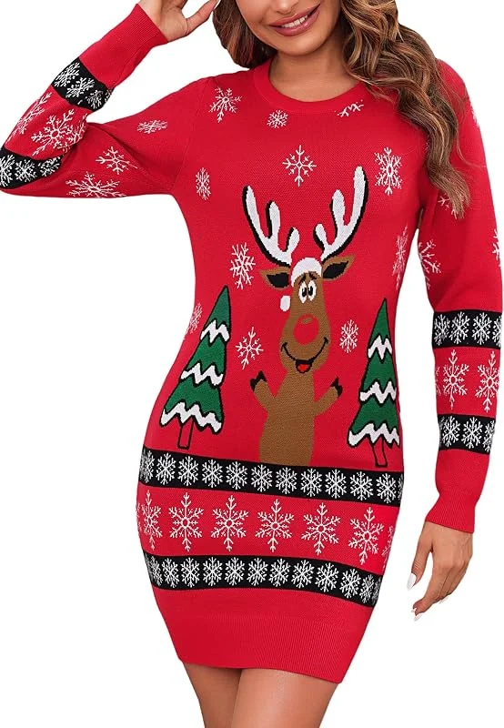 Visita la tienda de Bresdk Bresdk Vestido de Punto Mujer Invierno Navidad Vestidos de Jersey Navideño Manga Larga Elegante Cuello Redondo Ugly Christmas Sweater Dresses — Ropa Navidad