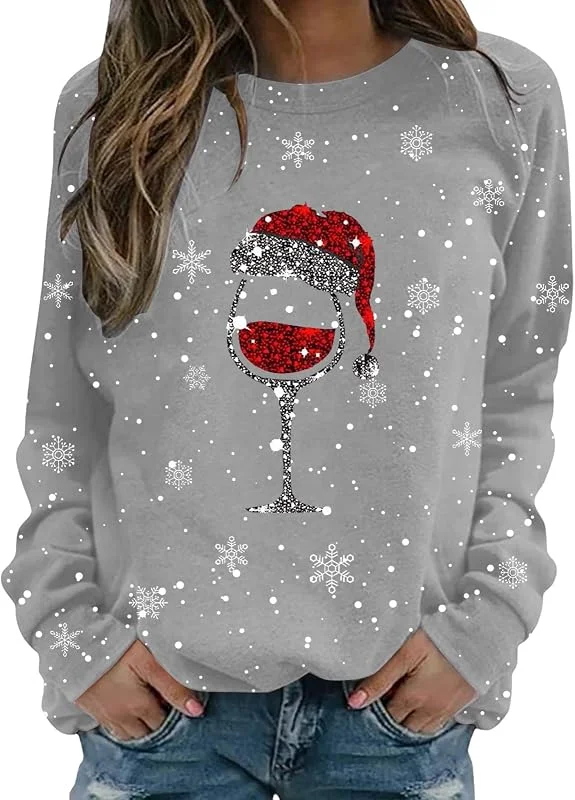 tacniseyw Suéter de Navidad para mujer, divertido estampado de copas de vino, sudadera de manga larga para mujer, suéter de Navidad sin botones, talla grande, camisas feas — Ropa Navidad