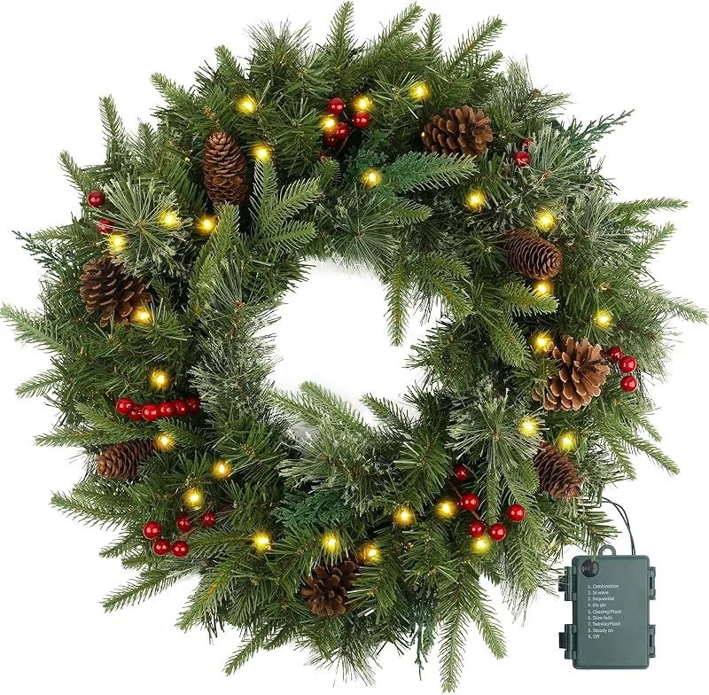 HomeKaren Corona de Navidad preiluminada de 61 cm con 50 luces y piñas de pino, coronas de Navidad artificiales para puerta delantera con luces, corona para decoración de Navidad, puerta, ventanas, pared, color — Decoracion Navidad