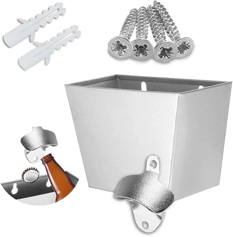 NETUME Abrebotellas montado en la pared, abrebotellas de cerveza de acero inoxidable y juego de recogedor de tapas de botella para abrebotellas de pared para bar y cocina — Vino y mesa festiva