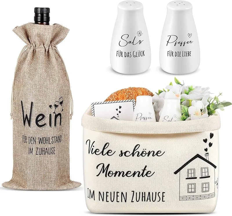 Sinmoe Set de Regalo para Inauguración de la Casa Regalo de Boda para los Novios Cesta de Pan Salero y Pimentero Bolsa de Yute para Vino Tarjeta para la Ceremonia de Inauguración Apartamento Nuevo — Vino y mesa festiva
