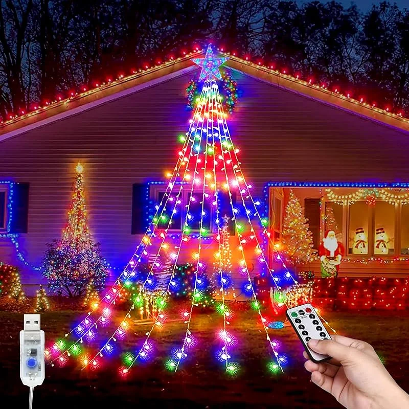 MXJFYY Guirnalda Luces Arbol de Navidad, USB Luces Árbol Navidad con Estrella, 9*2M 8 Modos 198 LEDs Impermeable Cascada Luces de la Cadena con Estrella para Arbol De Navidads, Bodas, Jardín Decoración — Luces Navidad