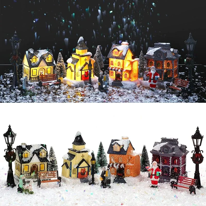 Queekay 17 Piezas Set de Pueblo Navideño Casa de Pueblo de Navidad Iluminada de Resina con Figuritas Accesorios de Pueblo Navideño Decoración de Navidad Invierno de Edificio Coleccionable — Decoracion Navidad