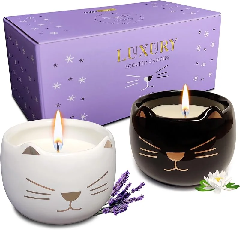 iubihome Velas Decorativas Originales en Forma de Gato, Set de 2 Velas Aromáticas Regalo, Velas Perfumadas para Decoracion Hogar — Cena a la luz de velas