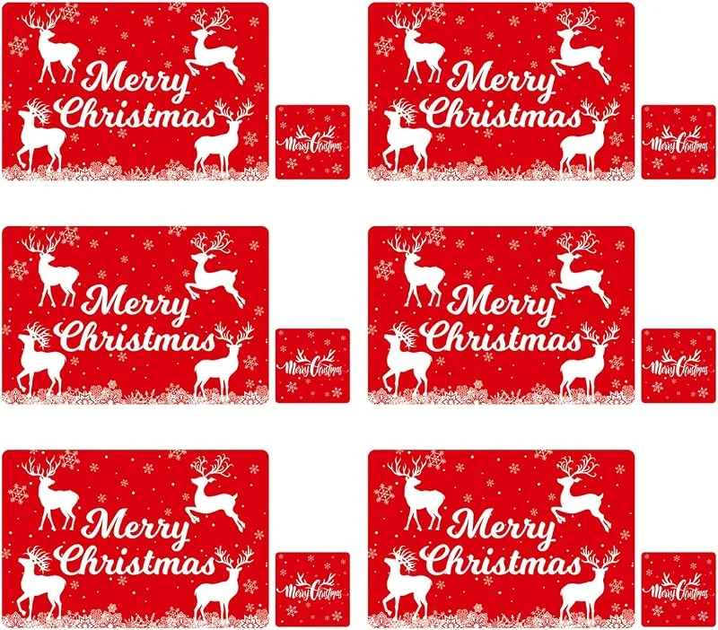 Pwsap Juego de 12 manteles individuales de PVC de Navidad, rectangulares, reno, alce, copo de nieve, manteles individuales, lavables, resistentes al calor, antideslizantes — Hogar y cocina