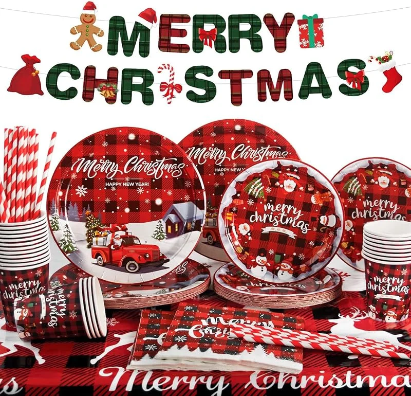 Visita la tienda de Yidaxing Vajilla Desechable de Navidad, Platos Desechables de Navidad Decoración, Vasos, Pajas, Toallas, Mantel, Banner, Juego de Vajilla para Fiesta, 16 Huéspedes — Adviento y mesa