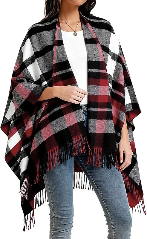 Visita la tienda de Rayson Poncho Mujer Invierno otoño Punto de Gran Tamaño Bufanda Manta Frente Abierto con Borla Diseño Envolvente Estampado a Cuadros Elegante Suéter Cardigan Suave Manta para Señoras — Ropa Navidad