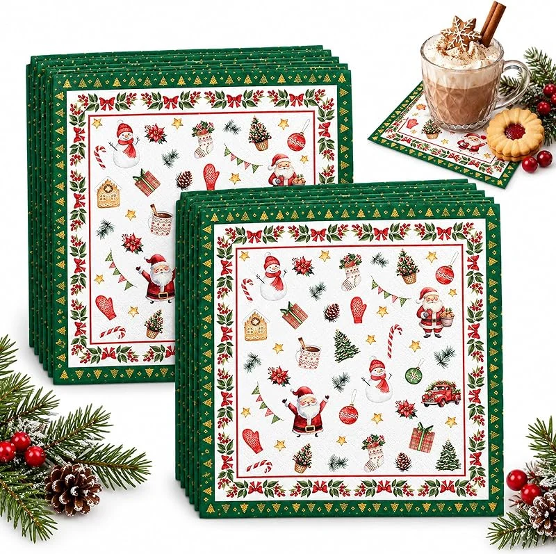 BIVYAX 40 Servilletas de Papel Navidad 33 x 33 cm, Servilletas Navideñas con Papá Noel Muñeco de Nieve y Árboles, Motivos Navidad Rojo Verde para Decoración de Mesa — Adviento y mesa