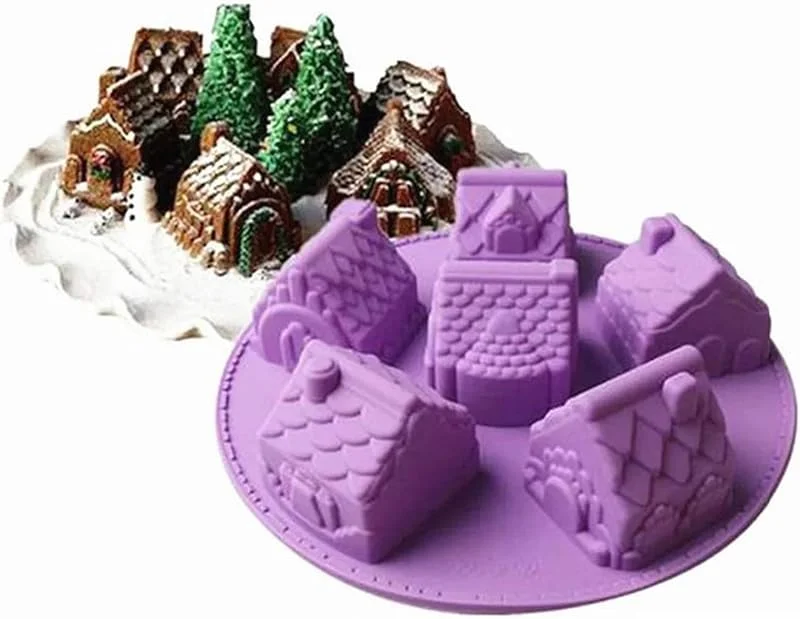Joyeee 1 paquete de molde de silicona con forma de casa, 6 cavidades antiadherentes acogedoras para hornear, molde de jabón en forma de casa, mini moldes de pastel de casa de Navidad para brownies — Hogar y cocina