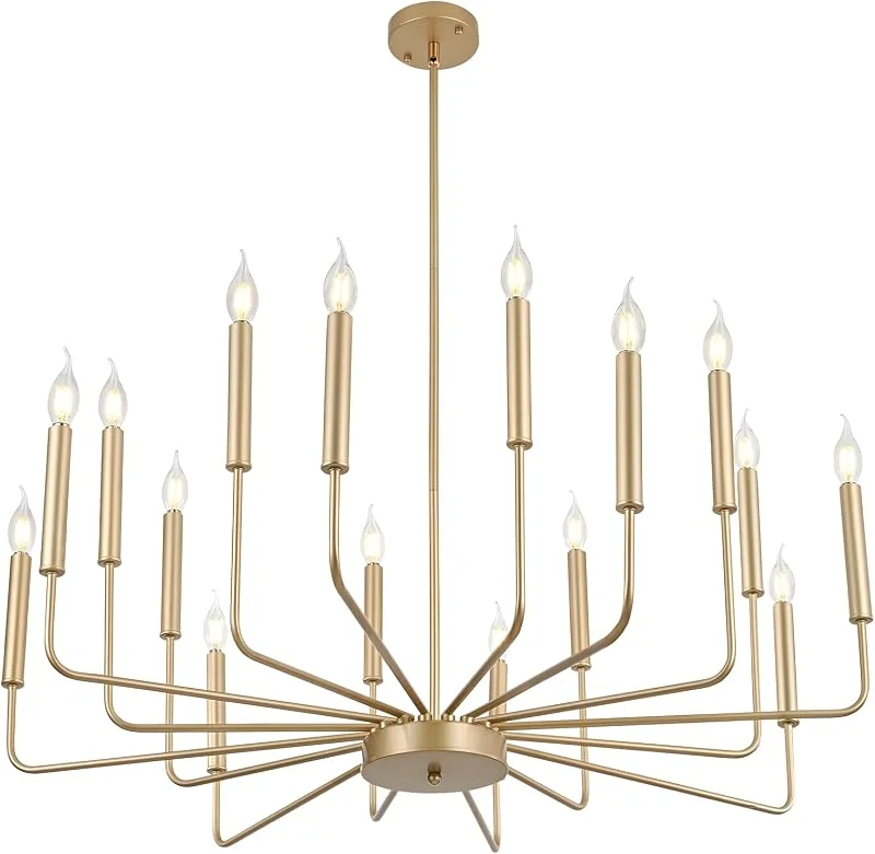 WayLuoung Candelabros De Oro Modernos, Iluminación De Candelabro De Metal Industrial De 16 Luces, Colgante De Vela Clásico Para Isla De Cocina, Comedor, Sala De Estar, Entrad, E14 (Bombillas No Incluidas) — Cena a la luz de velas