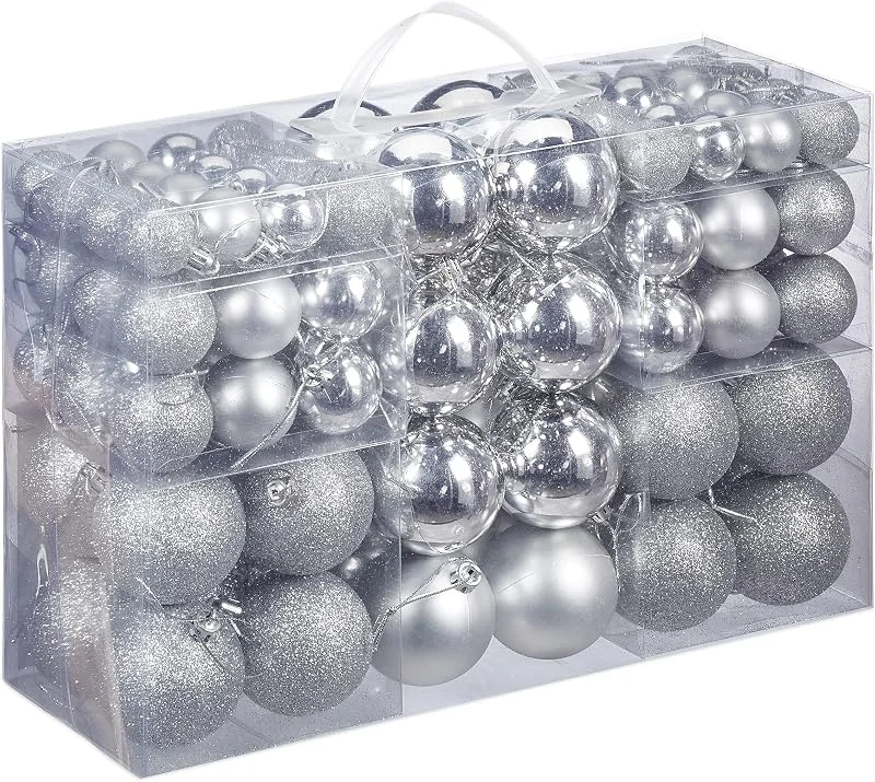 Visita la tienda de Relaxdays Relaxdays Set de 100 Bolas de Navidad, Decoración navideña, Mate, Brillante, Árbol de Navidad, ∅ 3, 4 & 6 cm, Plateado — Decoracion Navidad