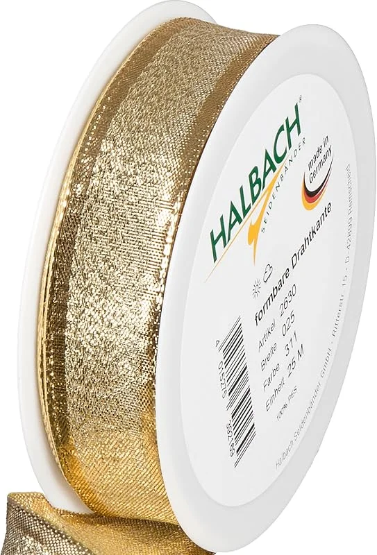 Halbach Seidenbänder Cinta de regalo dorada, fabricada en Alemania, con bordes de alambre moldeables, 25 mm x 25 m, elegante cinta dorada para bodas o Navidad — Envoltorio regalo