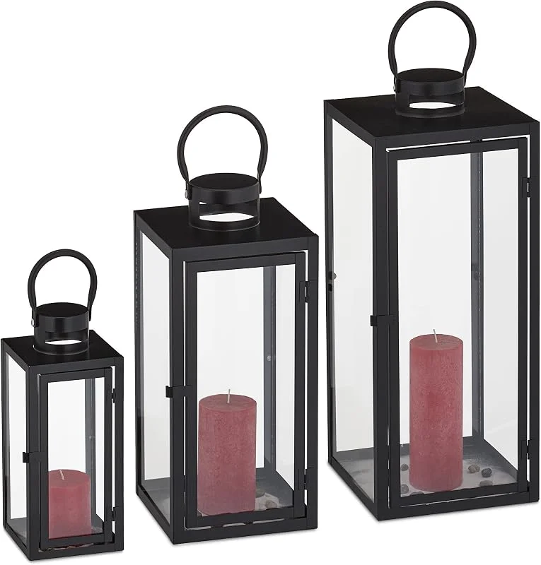 Visita la tienda de Relaxdays Relaxdays Set 3 Portavelas, Farol Decorativo para Interior y Exterior, 3 Tamaños, Metal, Cristal, Farolillo Vela, Negro — Cena a la luz de velas