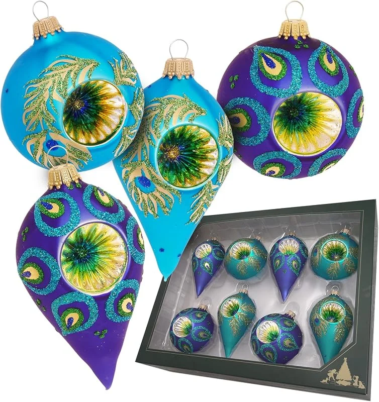 Krebs Glas Lauscha - Decoración de Navidad, Adornos para árbol de Navidad de cristal - Reflector Bola y gota Elegante Navidad - Color: Azul - Tamaño: 7-10 cm aprox — Decoracion Navidad