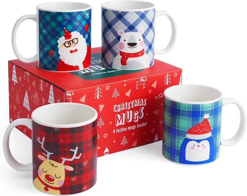 Visita la tienda de THE TWIDDLERS THE TWIDDLERS 4 Piezas Set de Regalo de Tazas Navideñas con Caja, 340ml - Porcelana Tazas de Café Navidad, Tema Festivo — Adviento y mesa