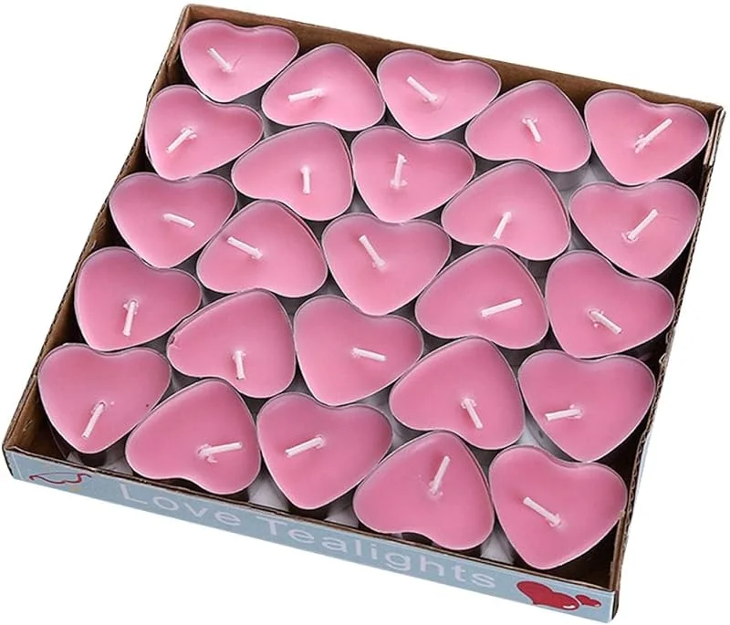 YSTrillion Romántico de Velas, 50 Pieza Velas Ligeras De Té, Candelita Velas Amor Sin Humo en Forma de Corazón Rosa Romántica — Cena a la luz de velas