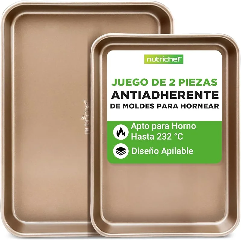 Visita la tienda de NutriChef NutriChef Juego de 2 bandejas de horno antiadherentes, Para cocinar, Con revestimiento interior y exterior, 39 x 29 cm, color dorado champán — Hogar y cocina