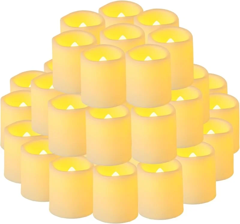 Visita la tienda de Yakpo Paquete de 48 velas de té de 1.5 x 1.8 pulgadas, funcionan con pilas, sin llama, parpadeantes, velas votivas LED parpadeantes eléctricas para exteriores, velas de té falsas a granel para — Cena a la luz de velas
