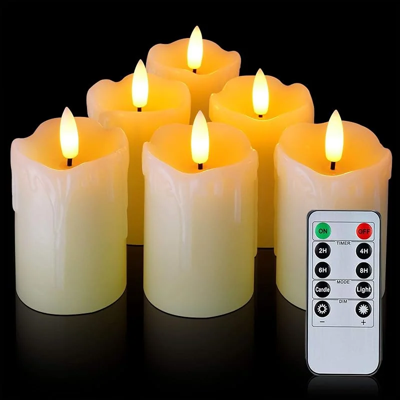 Homemory Paquete de 6 velas votivas de cera real sin llama con control remoto, pilar de velas de té LED, velas parpadeantes a pilas para decoración del hogar, 5 cm x 7 cm (batería incluida) — Cena a la luz de velas