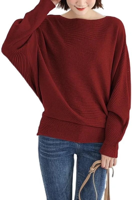 Qin Derdom Mujeres Cuello Barco Manga Batwing Dolman Jersey de Punto Ligero Otoño Invierno Suéter Tops — Ropa Navidad