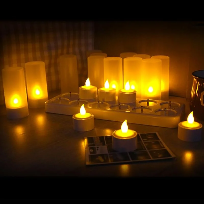 Visita la tienda de QSPORTPEAK QSPORTPEAK LED recargable sin llama candelita, 12 piezas parpadeo candelita con la estación de carga y tazas de vela, decoración de regalo para la fiesta de vacaciones, Halloween, Navidad, amarillo — Cena a la luz de velas