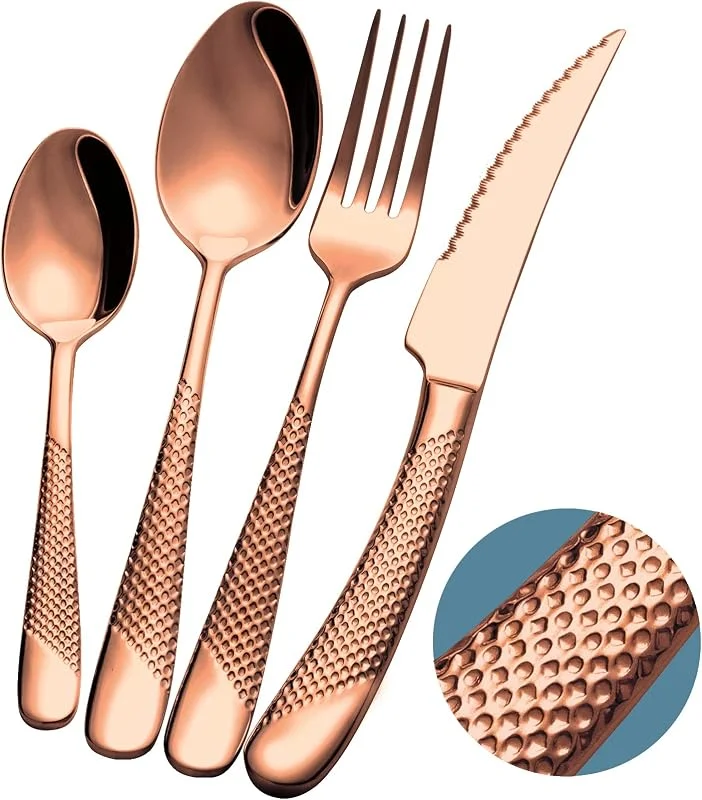 Xideman Juego de cubiertos martillados Cobre modernos de 24 piezas con cuchillo dentado 2 en 1 ultra afilado, set de cubiertos acero inoxidable 18, 10, cuberterias completas 6 personas — Adviento y mesa