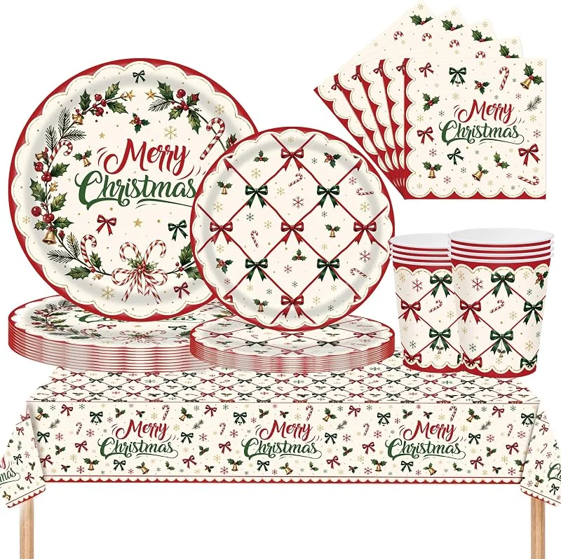 YESAH 51 Piezas de Vajilla de Navidad para 10 Personas, Diseño de Lazos — Adviento y mesa