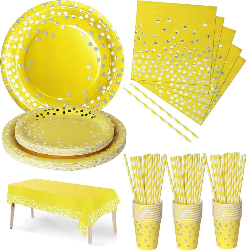 Nkaiso 126 Piezas Amarillo Plata Vajilla Fiesta Platos Papel Vasos — Adviento y mesa